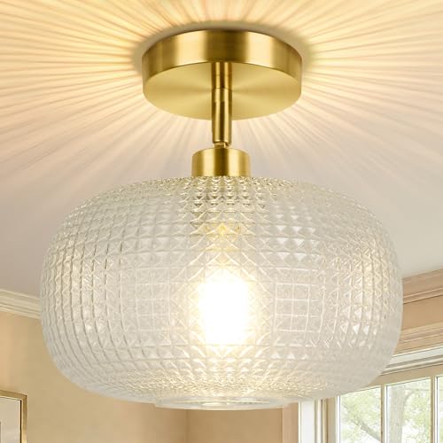 ROTTOGOON Semi Flush Mount Ceiling Light, Adjustable Hanging Gold Sloped Ceiling Lights with Clear Glass Shade Modern Hallway Light Fixtures for Kitchen Bathroom Entryway Bedroom (Bulb Not Included)