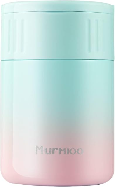 Murmioo food Flasks for Hot or Cold Food,Stainless Steel Vacuum Insulated Soup Container, Leak Proof Lunch Box With handle,Food Jar with Spoon for Picnic Travel (12OZ/350ML) Blue pink gradient