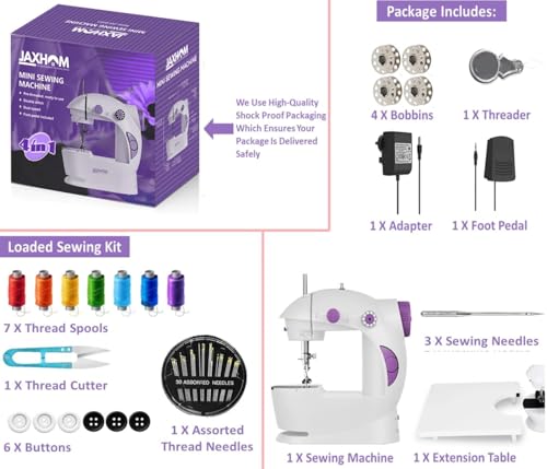 Image of JAXHOM Advance Sewing Machine Electric With Table Set I Mini Silai Machine With Focus Light, Foot Pedal, Adapter And Sewing Kit I Stitching Machine For Home Tailoring