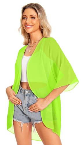 Kimono Cardigans for Women Beach Cover Ups Casual Summer Tops Hawaiian Shirts Open Front Resort Wear (Neon Green,L)