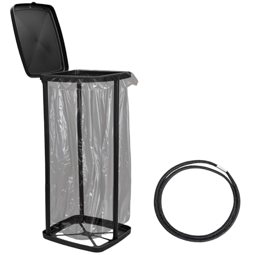 Portable Trash Bag Holder Collapsible Garbage Bin with Lid and Bands, Expandable Indoor Outdoor Trash Can Holder Stand for RV Camping Kitchen, Black