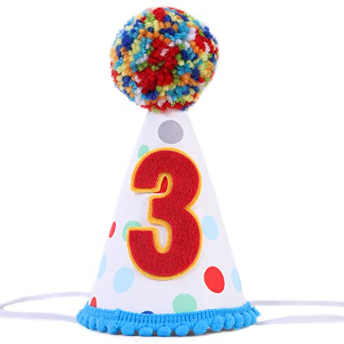 Baby Birthday Party Hat - Primary Colors Mini Handmade Girls/Boys Confetti Cone Colored Fur Balls