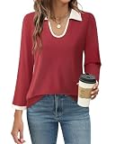 Vivilli Women Business Casual Tops: Polo Shirts for Women - Colour Block Lapel Top - Ribbed Knit Polo Shirt Women Professional Clothes for Work Lightweight Pullover Knit Top Cute Sweatshirts Red L