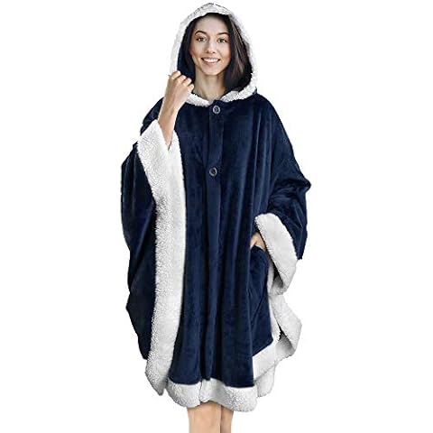 PAVILIA Angel Wrap Hooded Blanket | Poncho Blanket Wrap with Soft Sherpa Fleece | Wearable Blanket Throw Gift with Hood Pockets Cape | Plush Warm Shawl Cozy Gifts for Women Wife (Navy) Cover