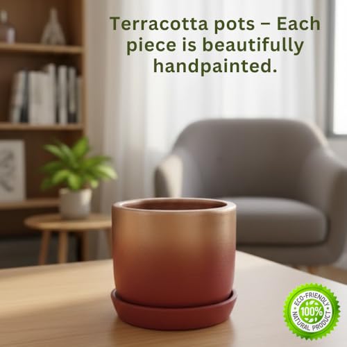 Image of Urban Upvan Terracotta Flower Pots for Garden, Dining Table & Home Decor | Elegant Planter for Living Room & Indoor Plants| Gold & Red