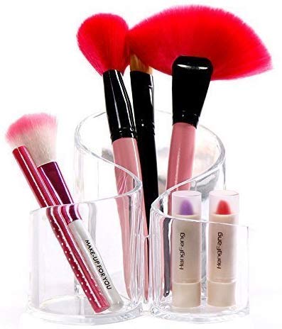 Image of Acrylic Makeup Brush Holder 3 Compartment Cosmetic Organizer for Brushes, Comb, Eyeliner, Lipstick & Stationery | Transparent Vanity Storage Box for Dressing Table & Bathroom