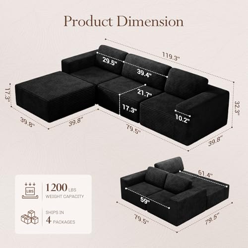 Image of Vesgantti 119 inch L-Shaped Modular Sectional Sofa, Corduroy Cloud Couch with Deep Seating & Spring Support, Flexible Layout Sofa with Ottoman, Boneless Style, No Assembly Required, Black