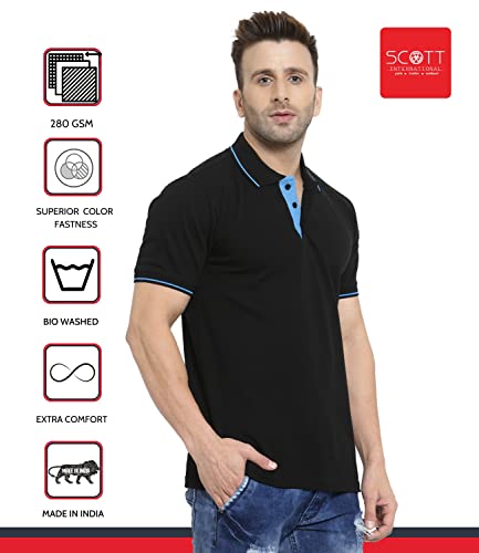 Image of Scott International Men's Organic Cotton Regular Fit Polo T-Shirt (Black and Blue, m)