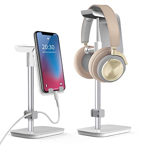 Kopfhörer Handy Ständer Höhenverstellbarer Handyhalterung Tisch Phone Stand mit Kabel Management, Headset Halterung Handyhalterung für iPhone/Huawei/Tablet/Kindle für Büros & zum Hause, Silber Cover
