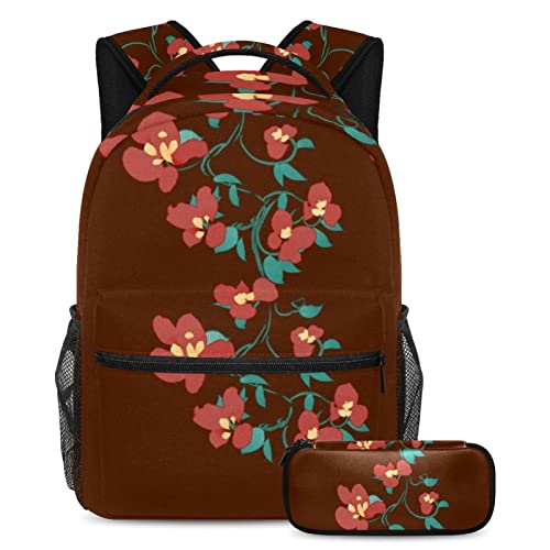 Sac à dos fleurs rouges avec trousse pour ados et étudiants