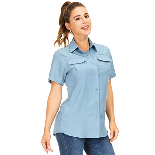 yeyity Hemdbluse Damen Kurzarm UV Schutz Wander Shirt Damen Atmungsaktiv Safari Hemd Schnelltrocknende Outdoorhemd,Sommer Tops (5076,BlueXL,)
