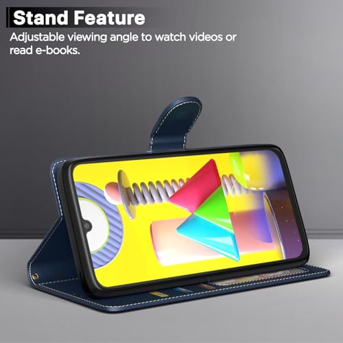 Image of Amazon Basics Flip Cover for Samsung Galaxy M30 | Wallet Style & Stand | Dual-Tone PU Leather Finish | Magnetic Flip Case (Blue & Brown)