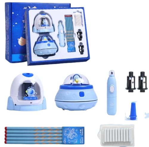 Sailozaiカピバラ電気文具セット、学習用品、始業式ギフトバッグ、ギフトボックス、ペンケース、電気鉛筆削り、ホチキス、電気消しゴム、デスク用掃除機。かわいい (【宇宙飛行士ブルー22点セット】電動文具セット(バッテリータイプ))