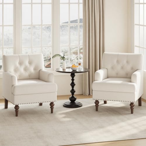 Image of MALOL Upholstered Accent Chair, Mid Century Modern Living Room Bedroom Reading Chair with Thick Cushion & Solid Rubberwood Legs, Comfy Armchair for Small Spaces, Beige