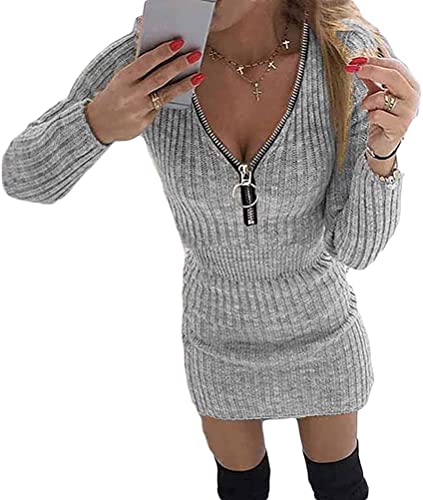 seiveini Vestido para Mujer Vestido de Jerséis Cuello V Mangas Larga Elegantes Suéter Clásico Jerséy Vintage Color Liso Camisetas Largo Gris M Cover