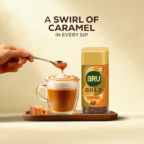 Image of Bru Gold Caramel Powder| Flavoured Instant Coffee | Flavourful Twist To Your Everyday Coffee | Made With Freeze-Dried Coffee | Makes 40 Cups | - Bottle, 55 Gm