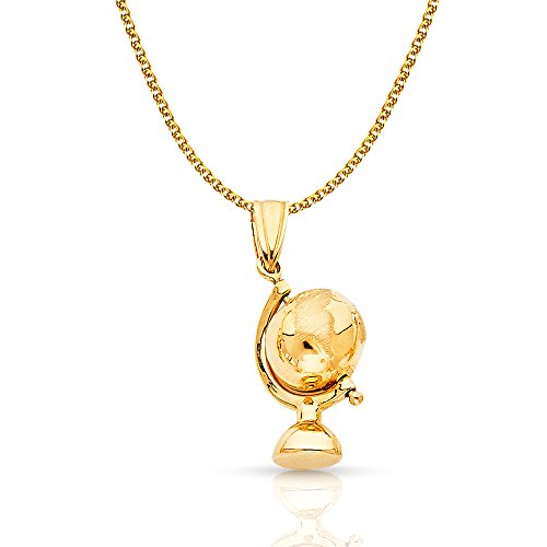14K Yellow Gold Earth Globe Traveler's Charm Pendant with 1.4mm Flat Open Wheat Chain Necklace