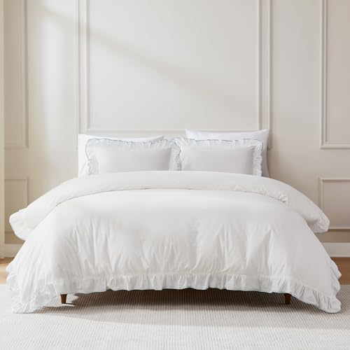 Image of Lush Decor - Duvet Cover Set, 3-Piece Cotton Bedding with Matching Shams, Contrast Edge & Stylish Border (Reyna Off-White /Blue, Full /Queen)