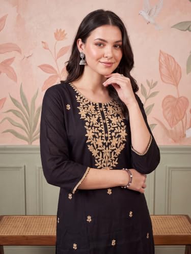 Image of INDO ERA Women's Silk Blend Geometric Embroidered Thread Work Kurta & Pant Set | Co Ord Set For Women Stylish
