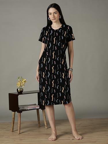 Image of 9shines Label Hosiery Cotton Knee Length Short Night Dress | Short Nighty for Women with Pocket | Graphic Print Nightwear | Night Gown for Women (M-7XL)