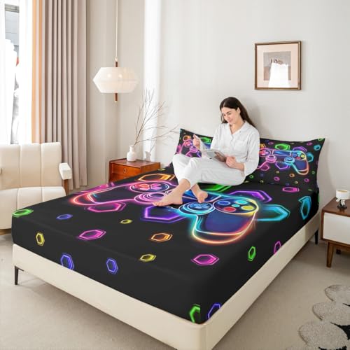 Manfei Boys Gamer Fitted Sheet Twin Size, Video Games Controller Bedding Set 2pcs, Geometric Gamepad Gaming Bed Cover with 1 Pillowcase, Kids Girls Room Decor, Soft Bedding(No Top Sheet)