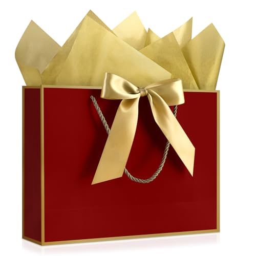 Image of JMANNI Mothers Day Gift Bags with Handles, 13 inch Medium Gift Bag for Presents, 1 Pcs Bags with 2 Tissue Paper and 1 Cards for Baby Shower Wedding Bridal Shower Mother's Day Birthday Party (GoldenRed)