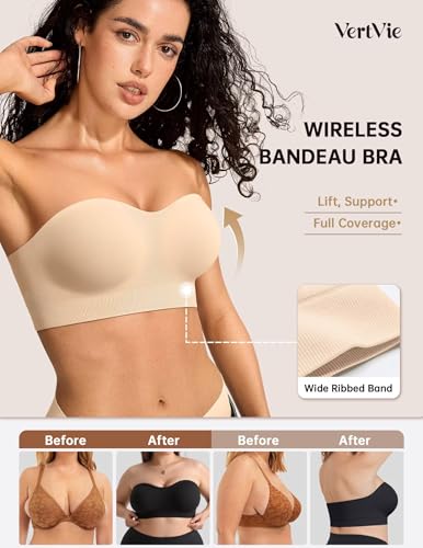 Image of Vertvie Womens Wireless Strapless Bras Supportive Bandeau Top No-Slip Push Up Bra Full Coverage Bralettes(Large,Beige)