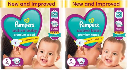 Image of Pampers Active baby Tape Style baby Diapers, Small (S), 22 pcs, 3-8kg, Adjustable Fit with 5 Star Skin Protection Diapers, 1 count (Pack of 2)
