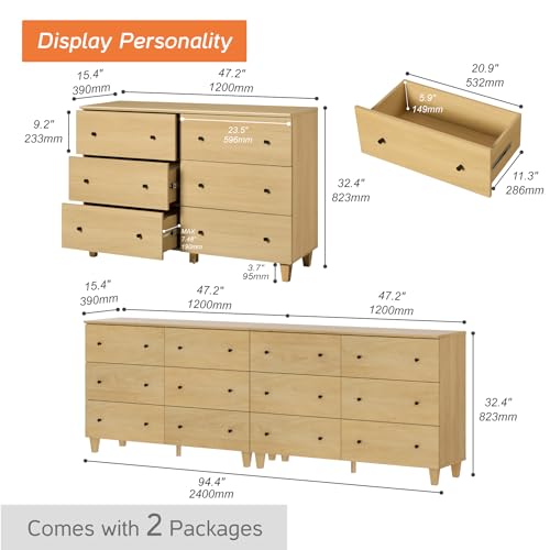 Image of WAMPAT Bedroom Dresser with 12 Drawers, Modern Chest of Drawers with Black Knobs, 94.4 Inch Wide Oak Wood Finish Storage Organizer for Kids Room, Living Room, Nursery