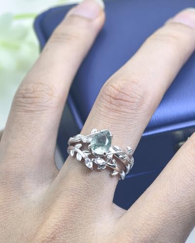 Wasee Natural Moss Agate Ring Set 925 Sterling Silver Green Pear Moss Agate Engagement Ring Wedding Promise Ring Jewelry for Women,Size 94