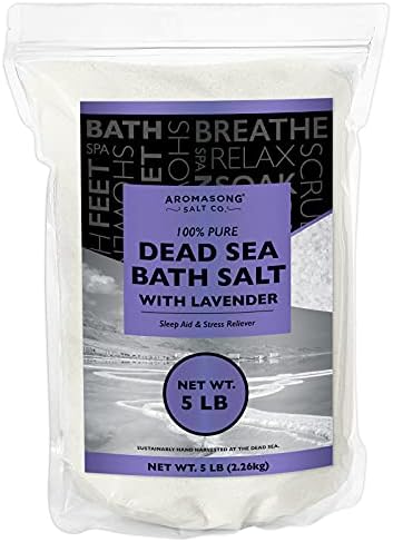 Pure Dead Sea Salt for Soaking with 100% Natural Lavender Essential Oil - 5 LB Spa Bath Salt Fine Grain in Resealable Pack - for Body Wash Scrub - Soak for Women & Men for Tired Muscles & Skin Issues