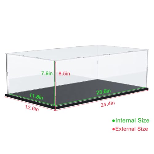 Thickened Clear Acrylic Display Case with Wood-Plastic Base for Lego 42096 Porsche 911 for 42172 McLaren P1 42143 42156 42115 Model Car Transparent Box Large Organizer, Black Inside 23.6X11.8X7.9inch