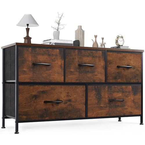 OLIXIS 5 Drawer Dresser Nightstand Classic Rust Brown, Wooden Top