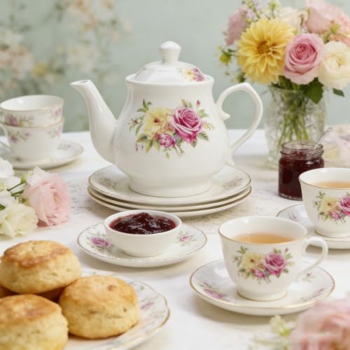 Image of European Style Porcelain Teapot 400ml, Small Chinese White Teapot with Flowers Coffee Tea Water Pot Vintage Ceramic Litter Kettle (14oz)