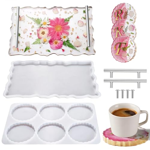 LETS RESIN 6 Cavity Resin Coaster Molds and Tray Molds with Handle Epoxy Resin Coaster Molds for Cups Mats Coaster Silicone Molds for Flower Bouquet Preservation DIY Art Craft and Home Decoration