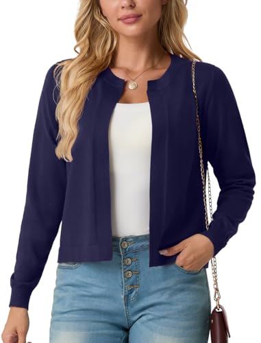 GRECERELLE Women's Cropped Cardigan Long Sleeve Open Front Crew Neck Lightweight Trendy Casual Knit Sweater Shrugs, Navy Blue, XL