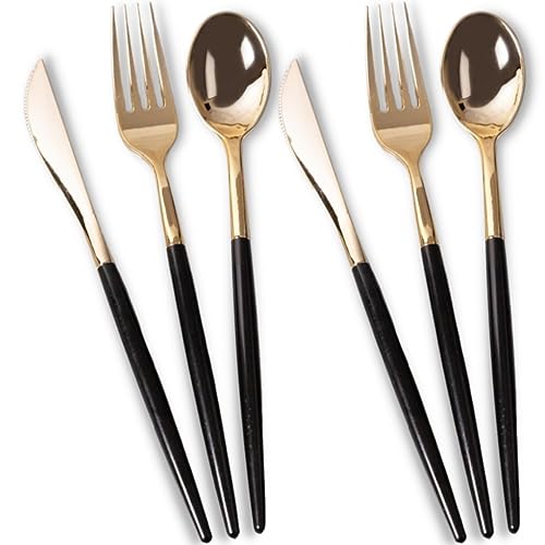 Chic Flatware Gold & Black Combo - 32 Count Elegant Disposable Plastic Cutlery Set for Parties & Events by Blue Sky - Used condition - US$10.15