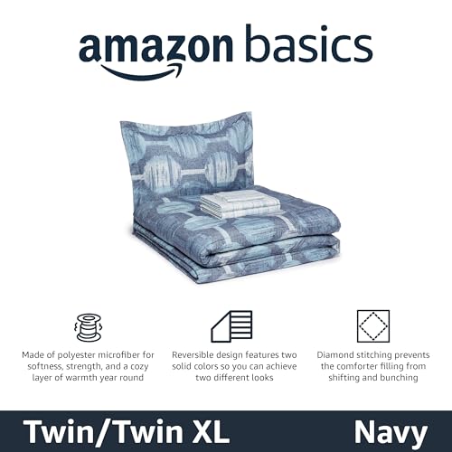 Image of Amazon Basics 5-Piece Lightweight Microfiber Comforter Set, Bed-in-a-Bag, Navy Geometrics, Twin /Twin XL