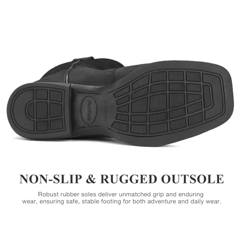 Rollda Leather Cowboy Boots for Men Western Boots Square Toe Chunky Heel Mid-Calf Boots Classic Embroidered with Pull On Tabs3