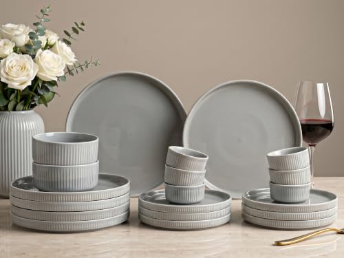 Image of Bodhi House 20-Piece Ribbed Porcelain Dinnerware Set | Quarter Plates, Katori & Serving Bowls, Chip Resistant, Lightweight Microwave & Dishwasher Safe Crockery Set, Pearl Grey