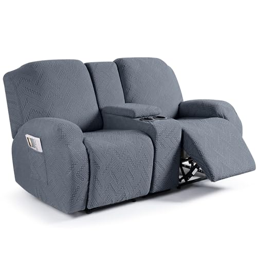 Ruaozz Stretch Loveseat Recliner Covers with Console 4-Pieces Recliner Sofa Covers with Pockets Jacquard Reclining Couch Covers Furniture Protector with Elastic Straps Bottom (2 Seater, Grey)