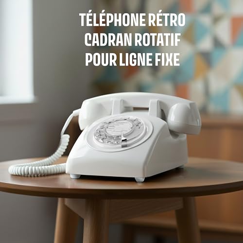 Téléphone fixe vintage cadran rotatif Opis 60s Cable blanc compatible box internet