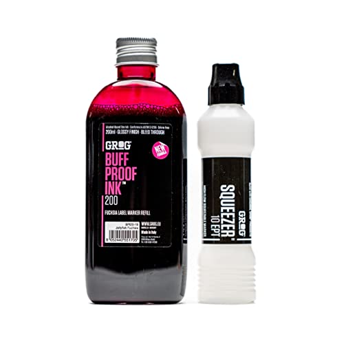 Graff-City Grog Buff Proof Ink & Squeezer 10 EPT - Mop Marker Pen Refill Ink Bundle - Glossy Pack 200ml (Jellyfish Fuchsia)