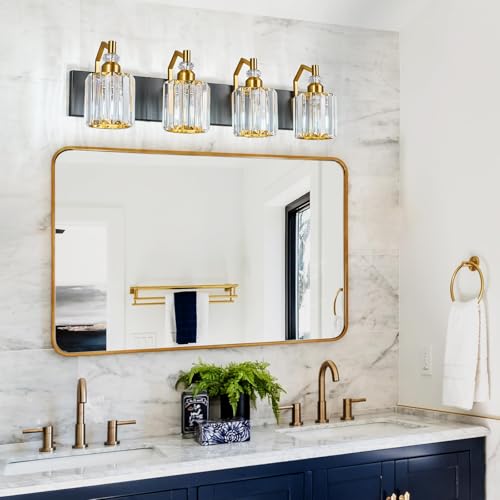 Image of 4 Light Bathroom Vanity Light Modern Black Gold Vanity Light Bathroom Light Fixtures Over Mirror Crystal Vanity Lighting Fixtures