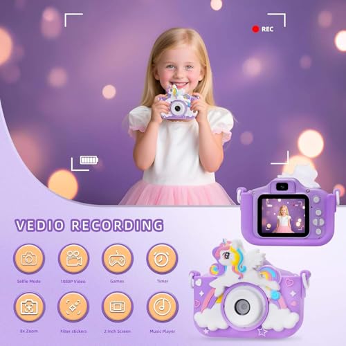 Image of Kids Digital Camera with Selfie Mode for Girls Boys, Unicorn Camera with 1080P Video Recording, 2 Inch Screen, 8X Zoom, Filters, Games & Music Player, Rechargeable Gift Toy for Kids Pink