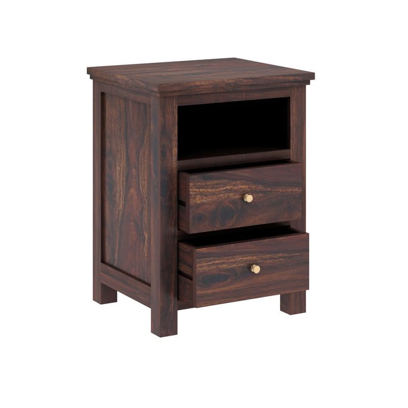 Image of Solid Sheesham Wood Bedside Table with 2 Drawer & 1 Shelf Storage for Bedroom, End Table, Side Table for Living Room (Walnut Finish)