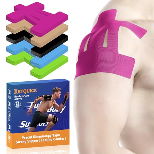 Image of Kinesiology Tape for Shoulder Precut, 24 PCS Shoulder Tape for Pain Relief, KTQUICK Original Cotton Waterproof & Breathable, Enhance Elastic Sports Tape for Pain Support and Muscle Sports, Pink