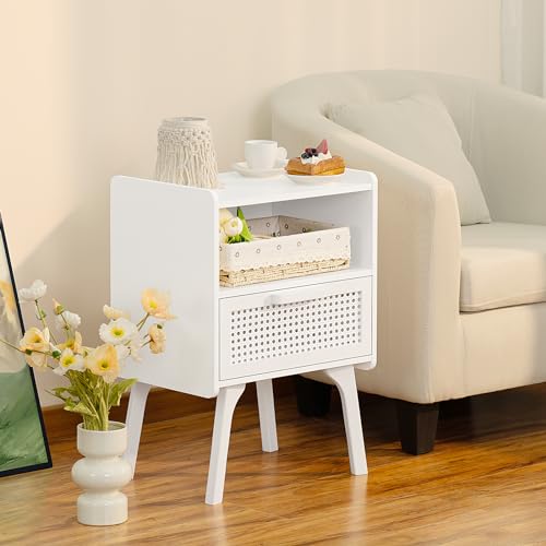 Image of Lerliuo Rattan Nightstands Set of 2, Side Table with Drawer Open Shelf, Cane Accent Bedside End Table with Solid Wood Legs, Mid Century Modern Night Stand for Bedroom, Dorm and Small Spaces (White)