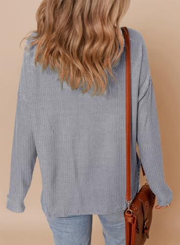 Dokotoo Women's Casual V Neck Waffle Knit Button Down Long Sleeve Shirts Loose Tops4