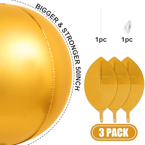 Image of 50 Inch Metallic Gold Round Foil Balloons 3pcs Large Mylar Balloons | Jumbo Giant Helium 4D Ball Balloons for Birthday Party, Graduation, Wedding, Christmas, New Year, Disco Prom Party Decoration